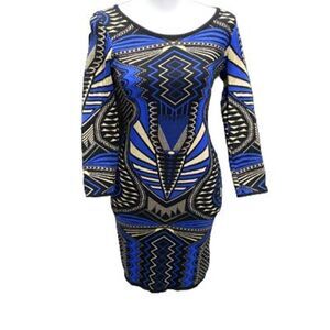 Cenit Knit Blue Metallic Gold Black Sweater Dress Bodycon Long Sleeve Sz Small